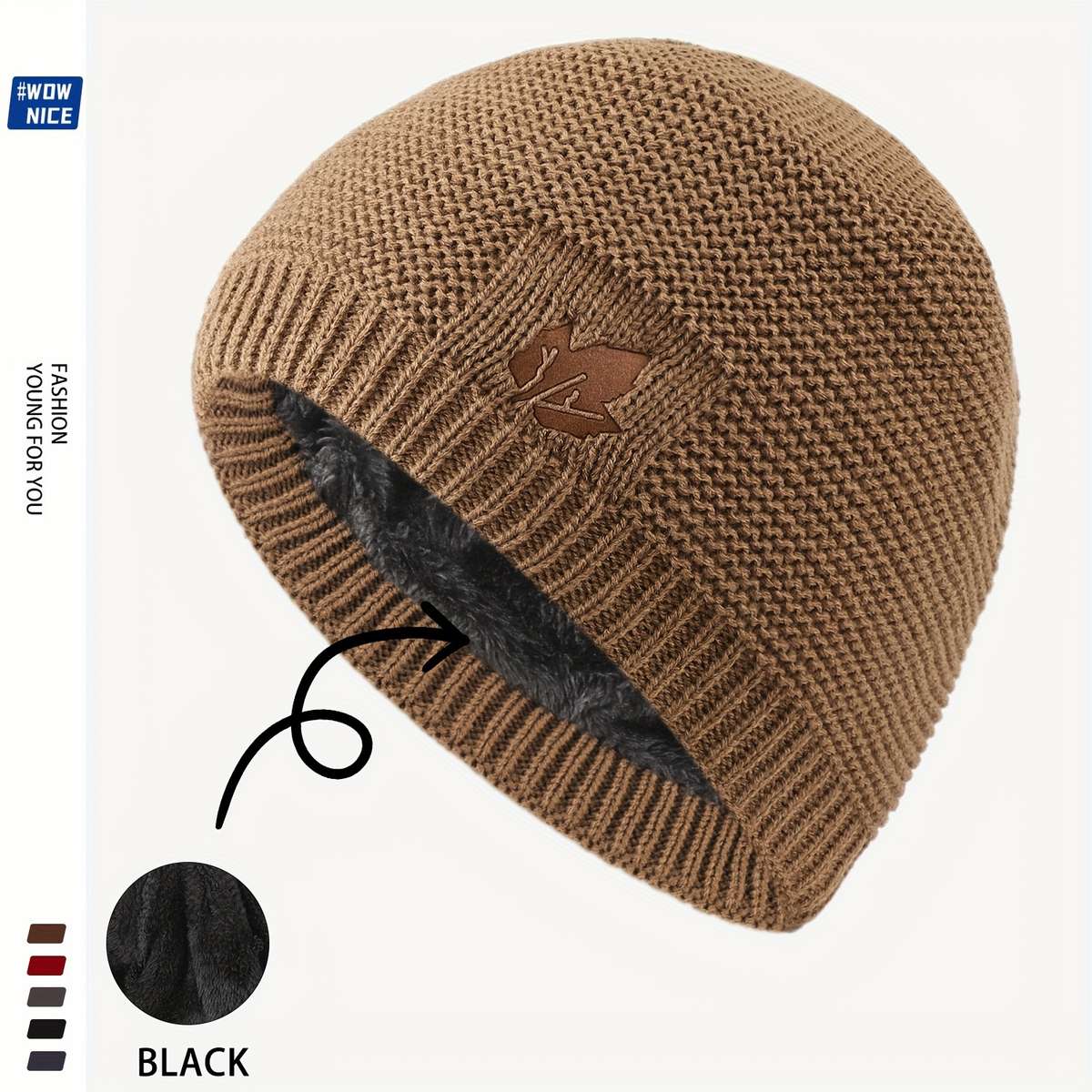 Knit Beanie with Fleece Lining Warm Windproof Acrylic Skull Cap