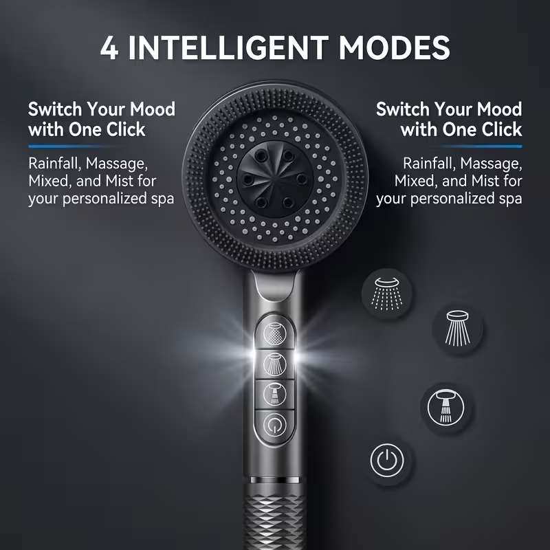 Handheld Pressurized Showerhead Four Spray Modes With 1.5Meter Reinforced Hose And Adjustable Bracke