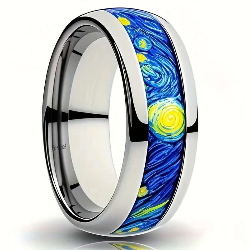 Van Gogh Starry Night Inspired 304 Stainless Steel Ring for Men - 8mm