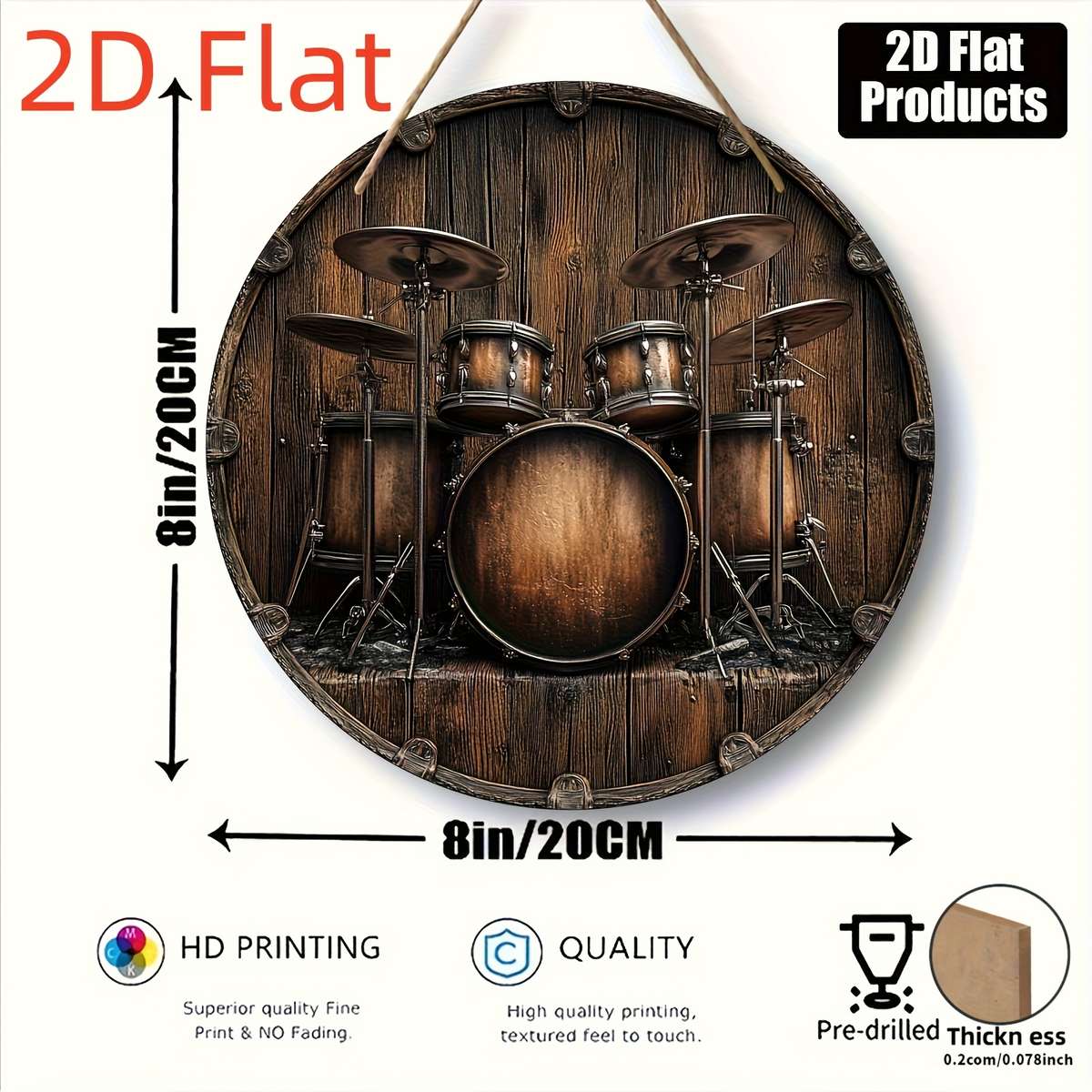2D Flat 20.32x20.32 cm Drum-Themed Round Wooden Wall Art Frameless Rustic Metallic Finish I