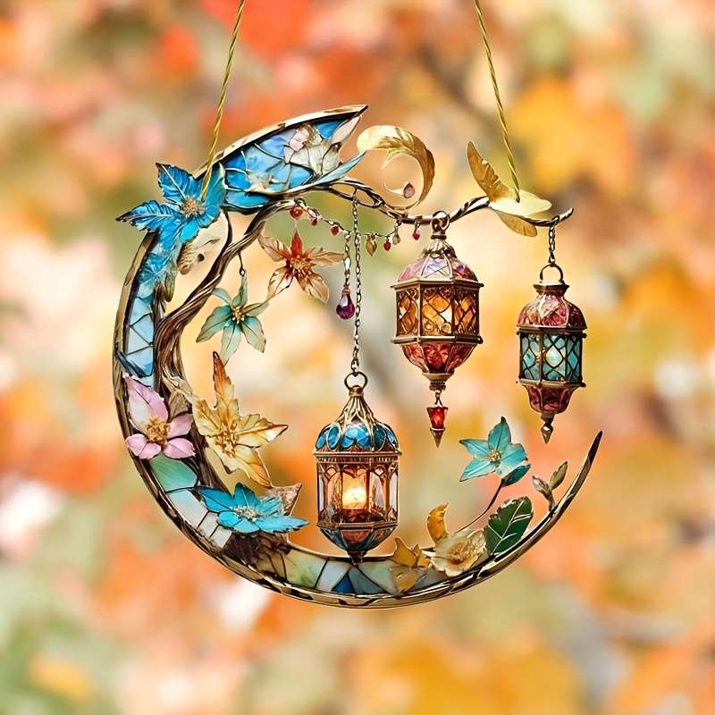 2D Flat Art Deco Acrylic Whimsical Moon Sun Catcher Hanging Decoration Vibrant Floral