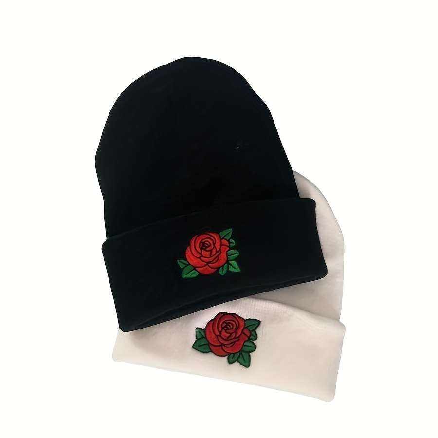 Embroidered Rose Beanie Hat 100% Acrylic Knit Cap with Elasticity Lightweight Winter Headwear