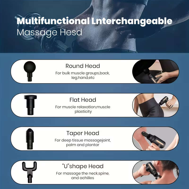 USB Rechargeable 4 Head Interchangeable Massage Gun With 6 Adjustable Settings LCD Display