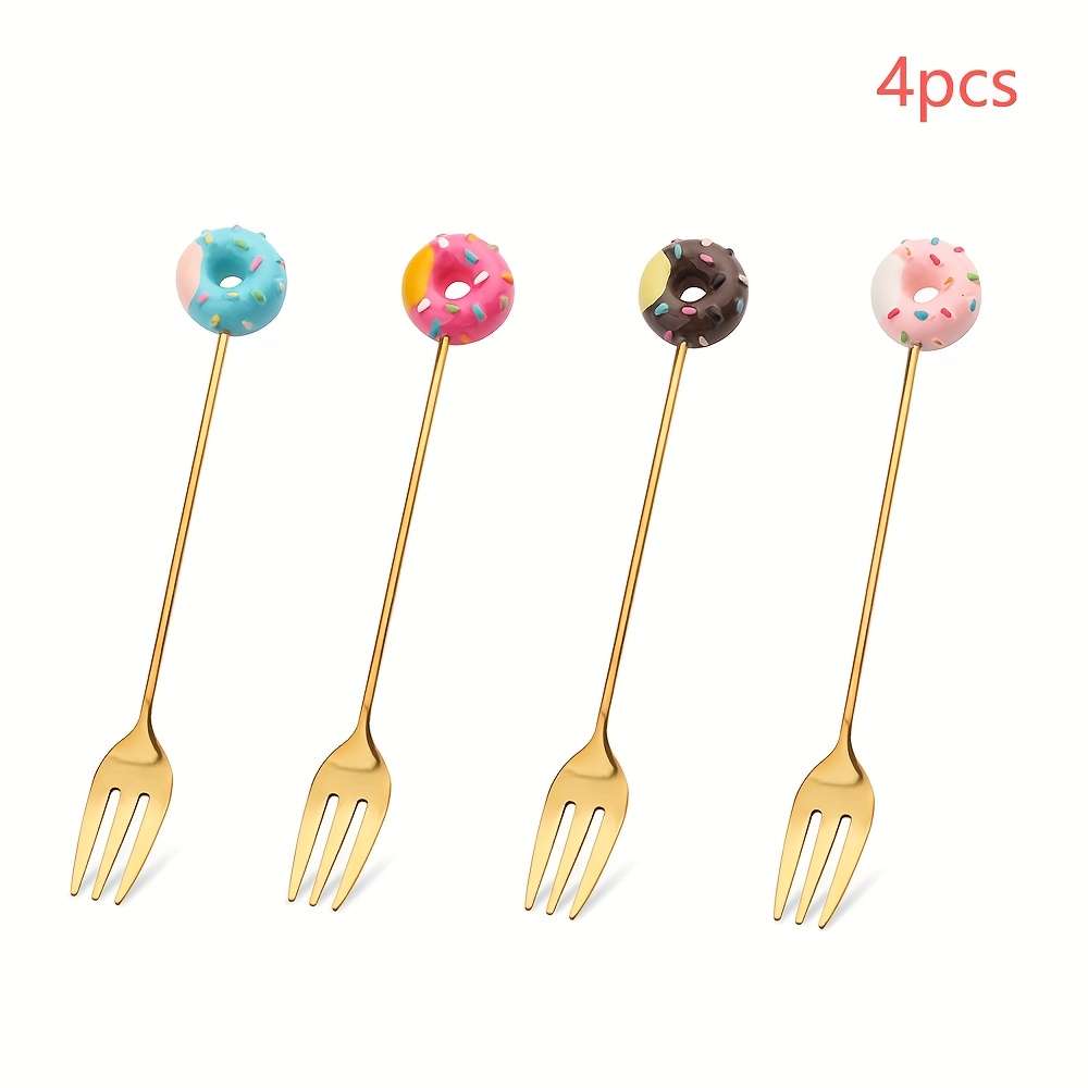 4pcs Cute Donut Theme Stainless Steel Coffee Spoon Fork Elegant Golden Dessert Spoon Fruit