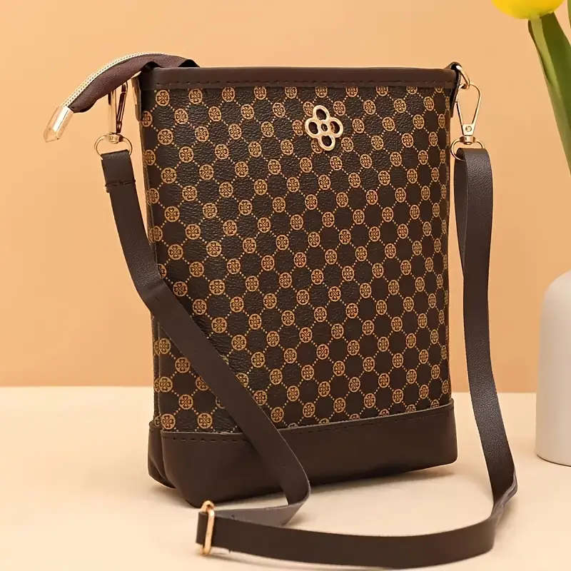 Geometric Pattern Crossbody Bag with Adjustable Strap, Zipper Closure