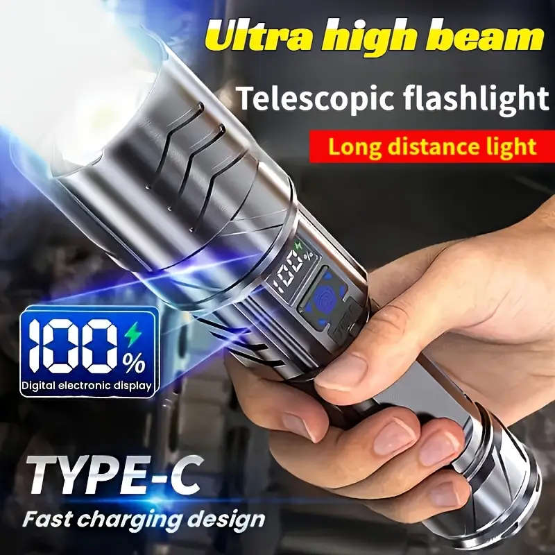 1pc Rechargeable LED Spotlight Flashlight with Digital Display Ultra High Beam Type-C Fast Charging