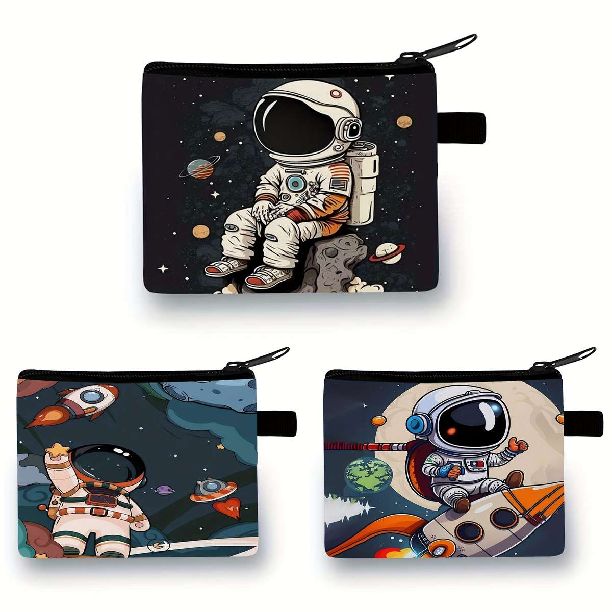 Cool Astronaut Zero Wallet Durable Polyester Pouch With Vibrant Cartoon Design Hand Washable