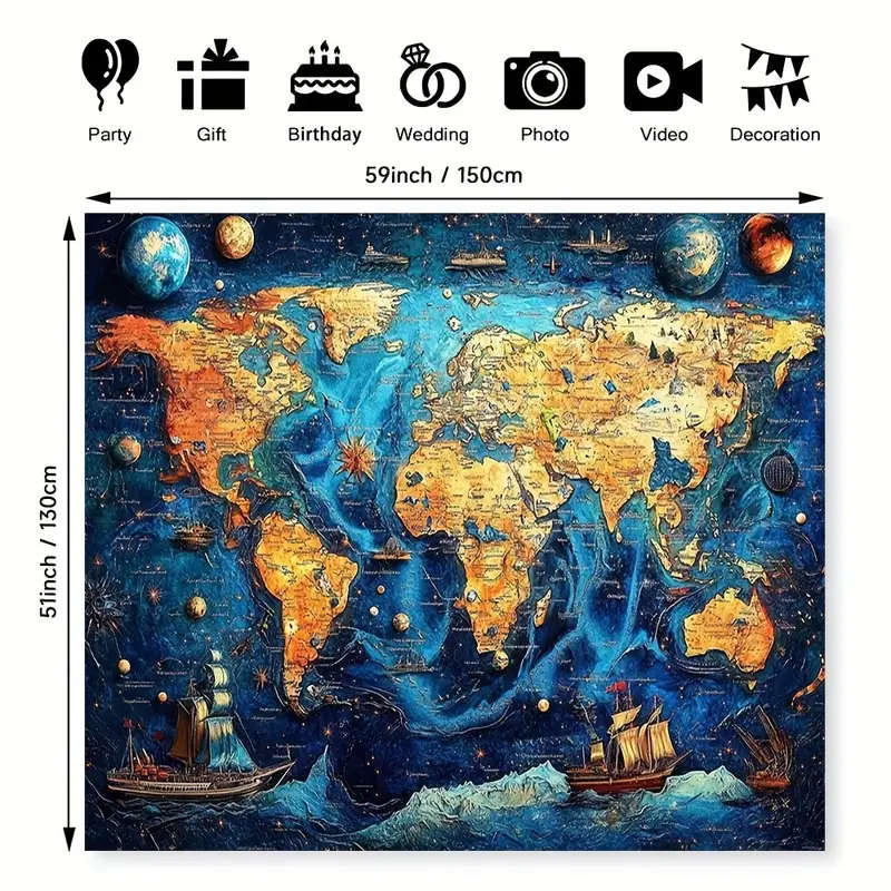 BIG!!! Colorful Relief World Map Printed Banner - Durable Fabric with Vibrant Mixed Colors