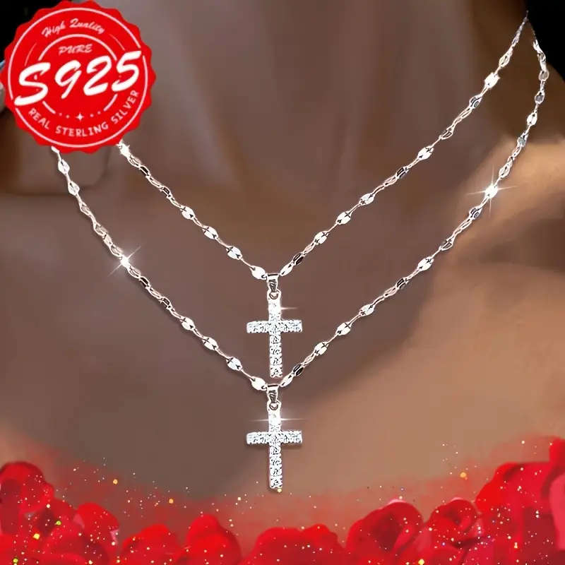2-Pack S925 Sterling Silver Women's Lip Necklace with Cross Pendant