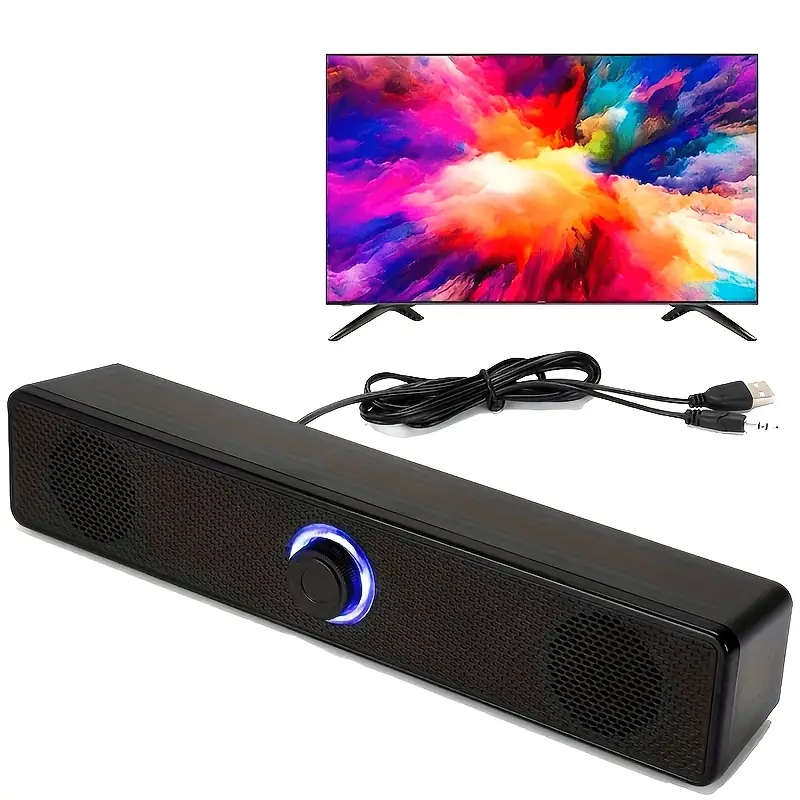 1pc Stereo Soundbar USB-Powered Desktop Speaker with Volume Control Dual Speakers Bass Boost Button