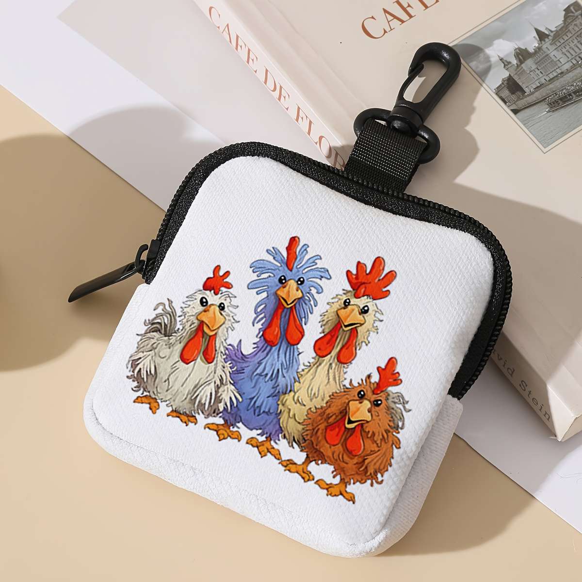 1pc Chic Cartoon Chicken Large Capacity Coin Purse with Key Holder Durable Polyester Multi-Funct