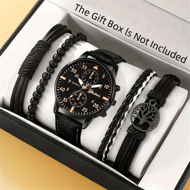 5PCS Set Fashion Men's Casual Black Leather Life Tree Hand Rope Quartz Watch Color sent randomly