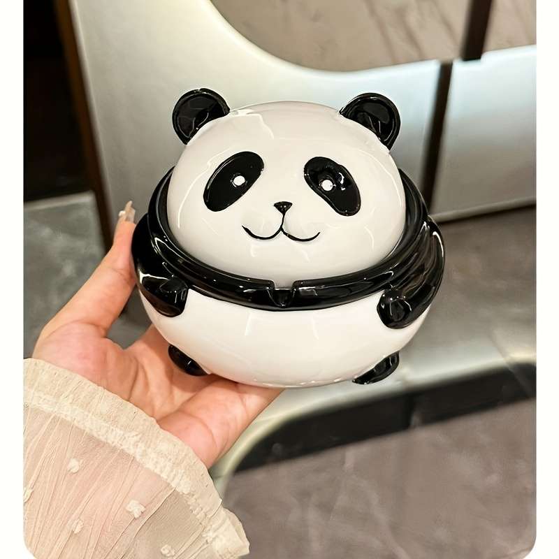 Adorable Panda-Shaped Ceramic Ashtray with Lid 12.7x12.7 cm Anti-Spill Design Perfect for D