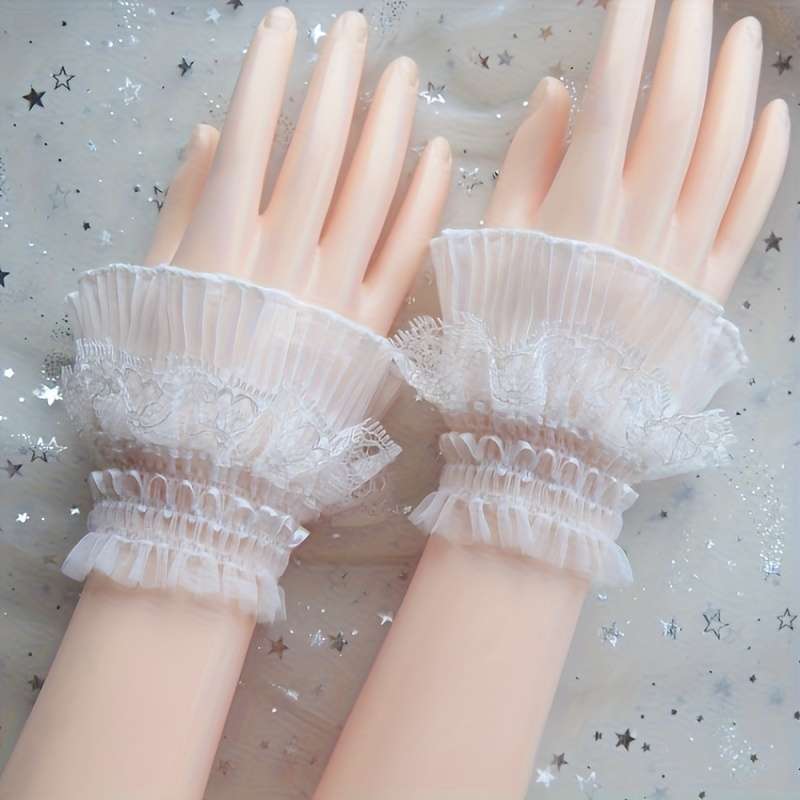 1 Pair White Lace Wrist Cuffs And Fingerless Gloves