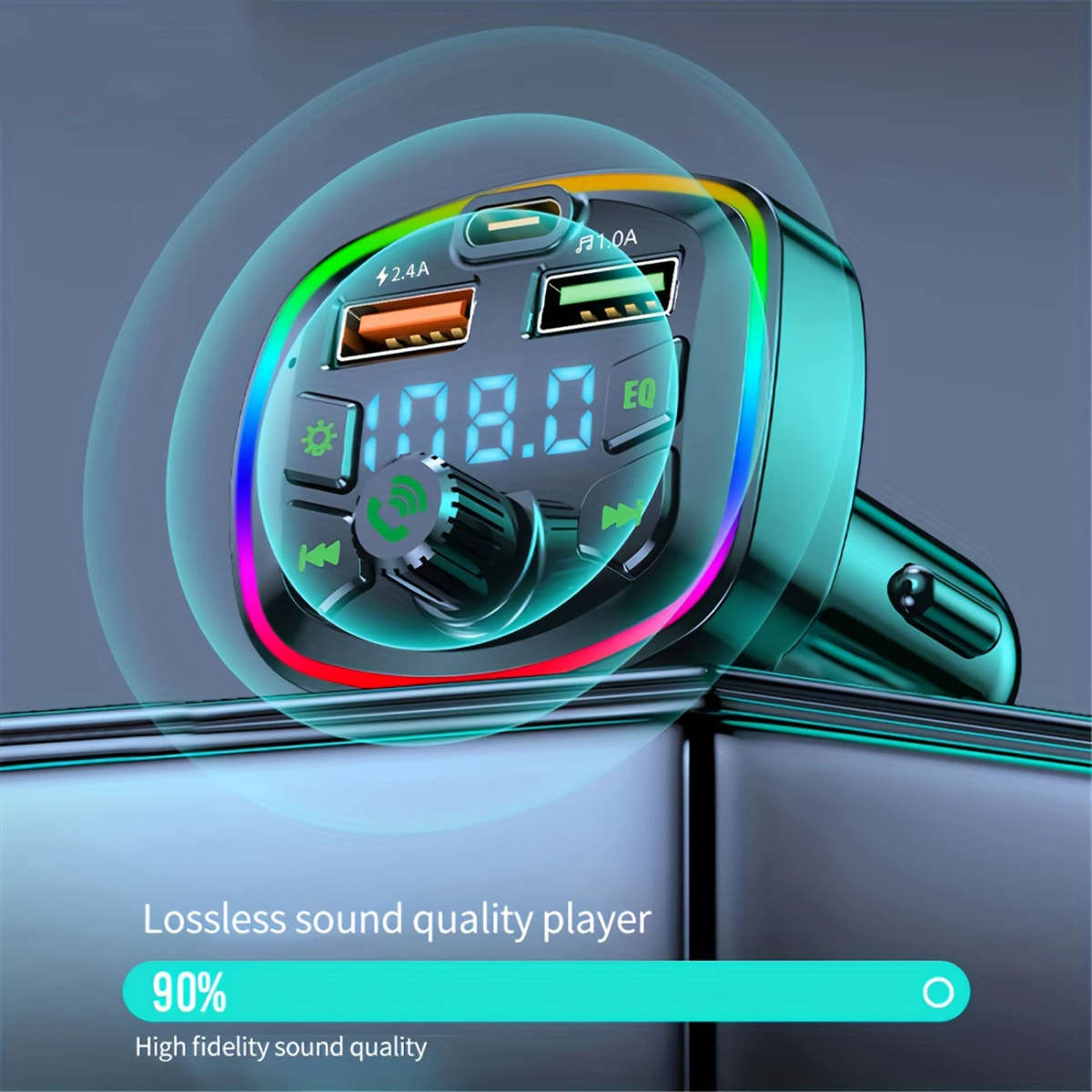 1pc Wireless Car Charger MP3 Player Rainbow Metallic Finish Multi-Function USB Receiver with Lossles