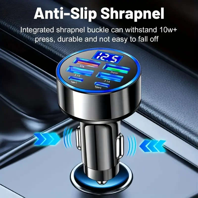 6 in 1 Car Charger with Digital Display 3.1A Multi-Function Fast Charge QC3.0 Compatible Car Plug