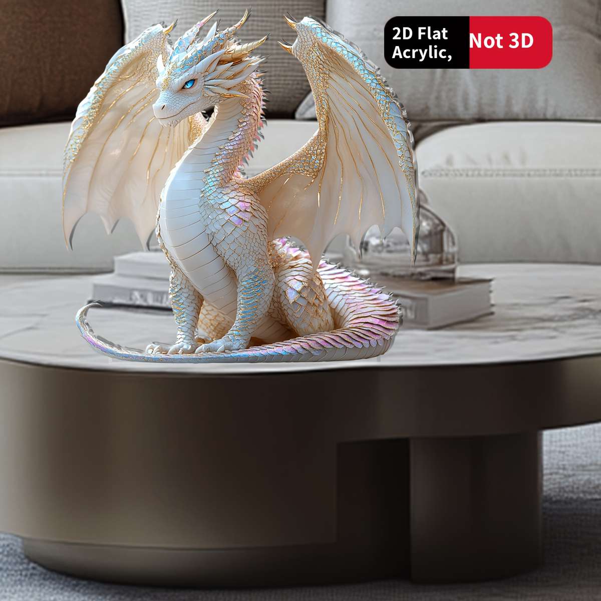1pc 2D Flat   Iridescent Blue Eyed Dragon Sculpture 15.01cm Acrylic Fantasy Table Decor- Realis