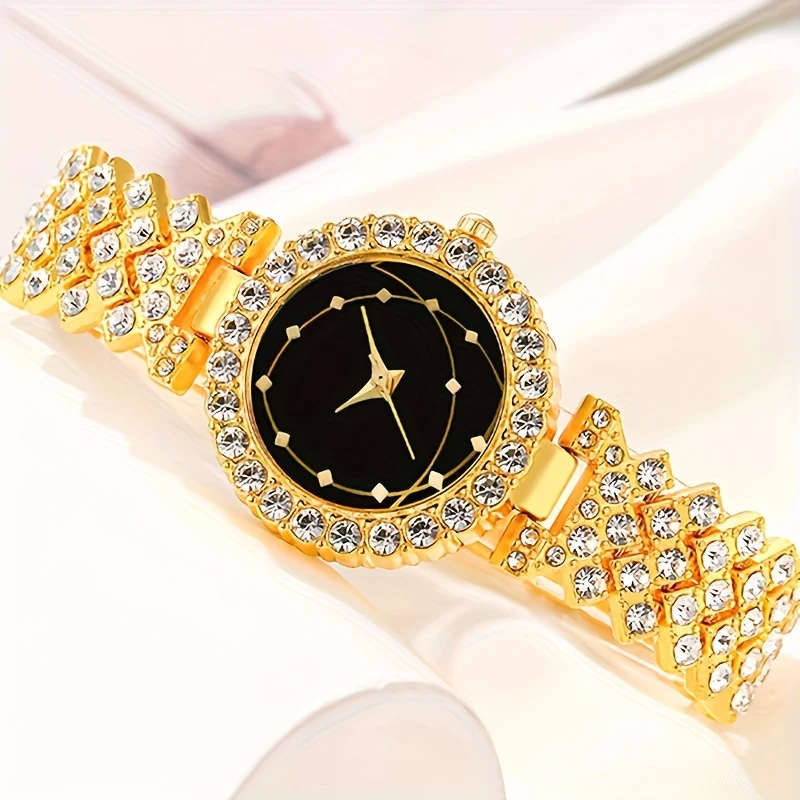 6pcs set Elegant Women's Quartz Wrist Watch Set with Simple Round Alloy Case Rhinestone Accents Poin