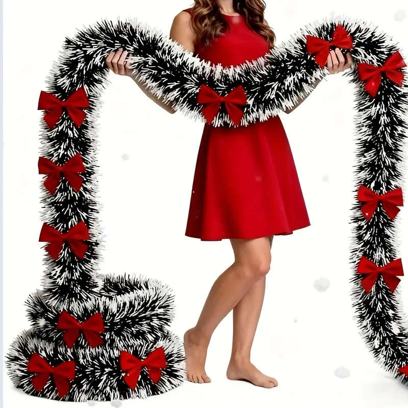 393.7 Inches - 2-Piece Set With Red Bow And Dark Green And White Snowflake Christmas Wreath Decorati