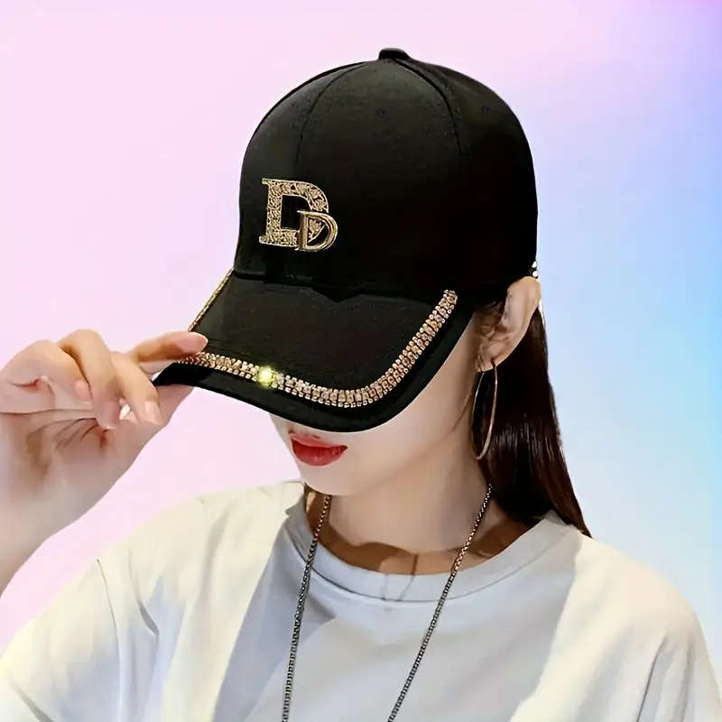 Stylish Black Baseball Cap With Golden Letter D Rhinestone Trim Adjustable Toggle