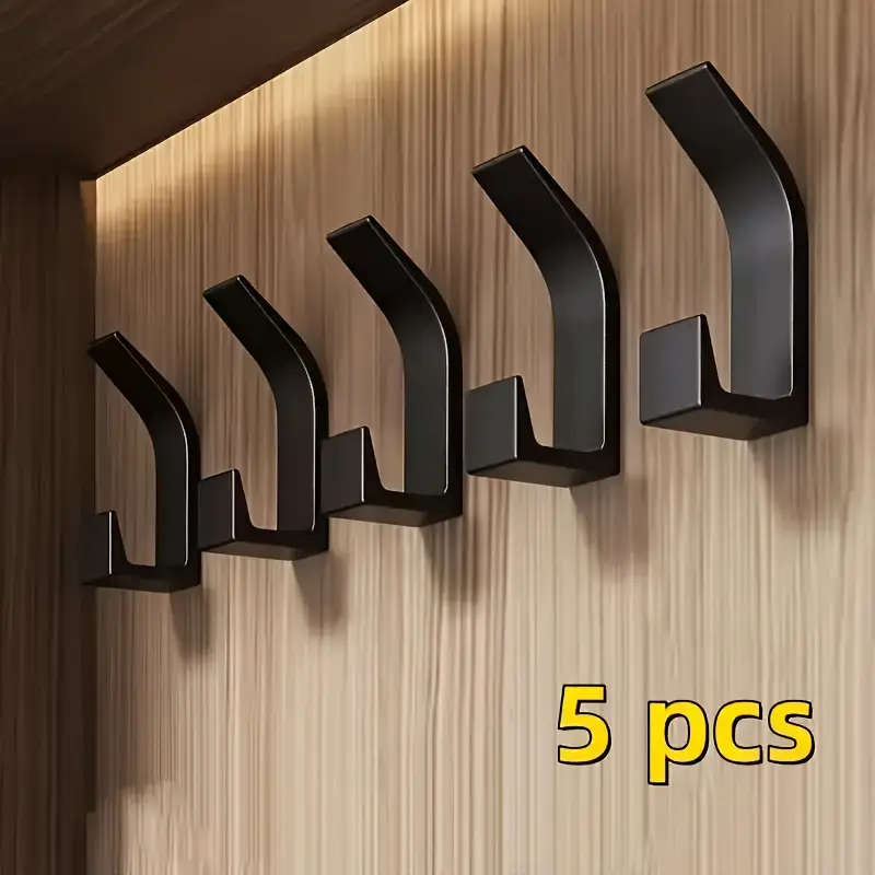 5 Piece Modern No-Drill Wall Hooks, Space-Saving Adhesive Towel and Coat Hooks, Black Plastic