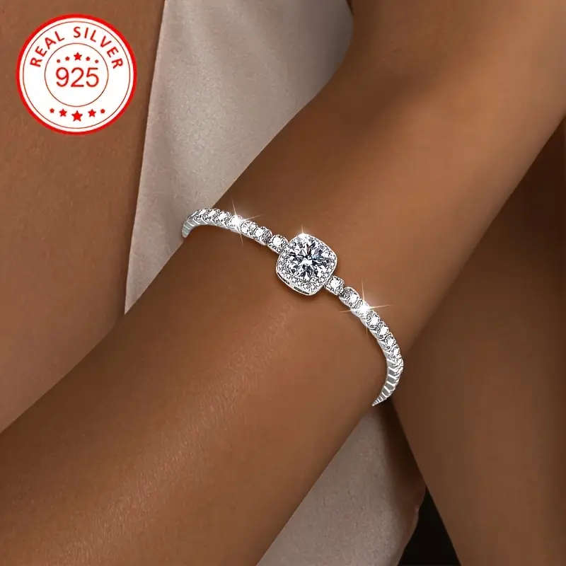 Boho Style 925 Womens Tennis Bracelet with Cubic Zirconia - Sparkling, Adjustable