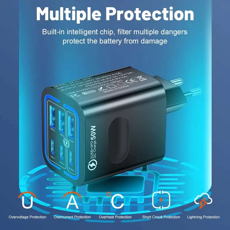 Usb C Charger Multiple Usb C Charge Plug 50W 6 Port Usb C Quick Charger