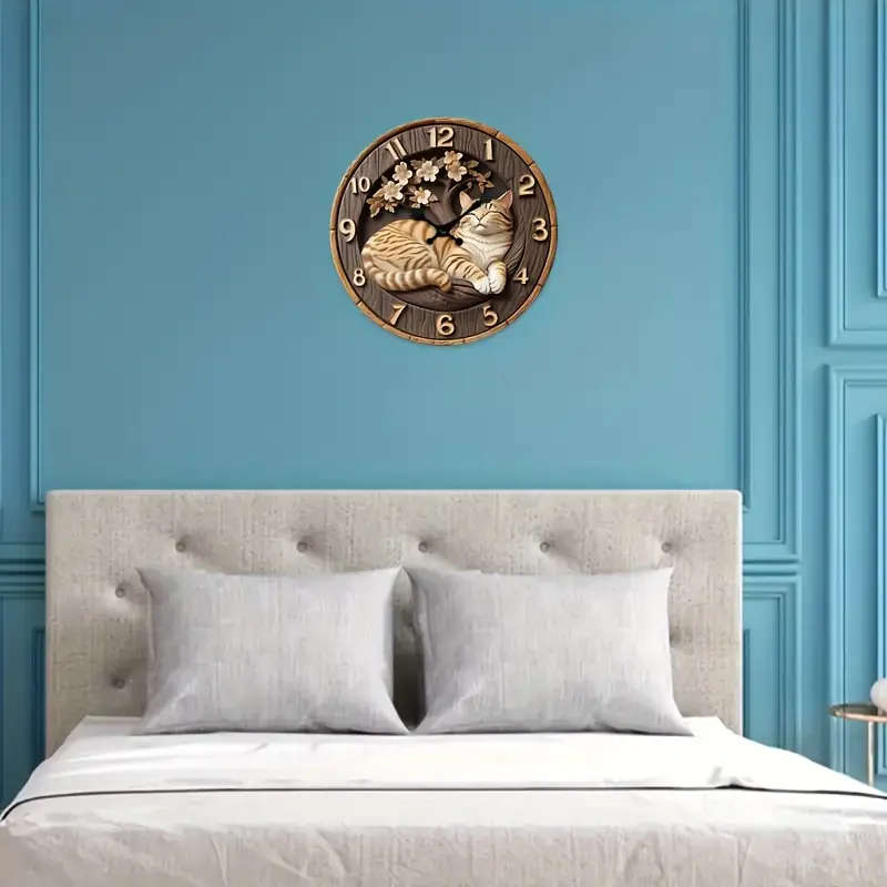 1pc 3D Wooden Cat Pattern Wall Clock Silent Digital Display Round
