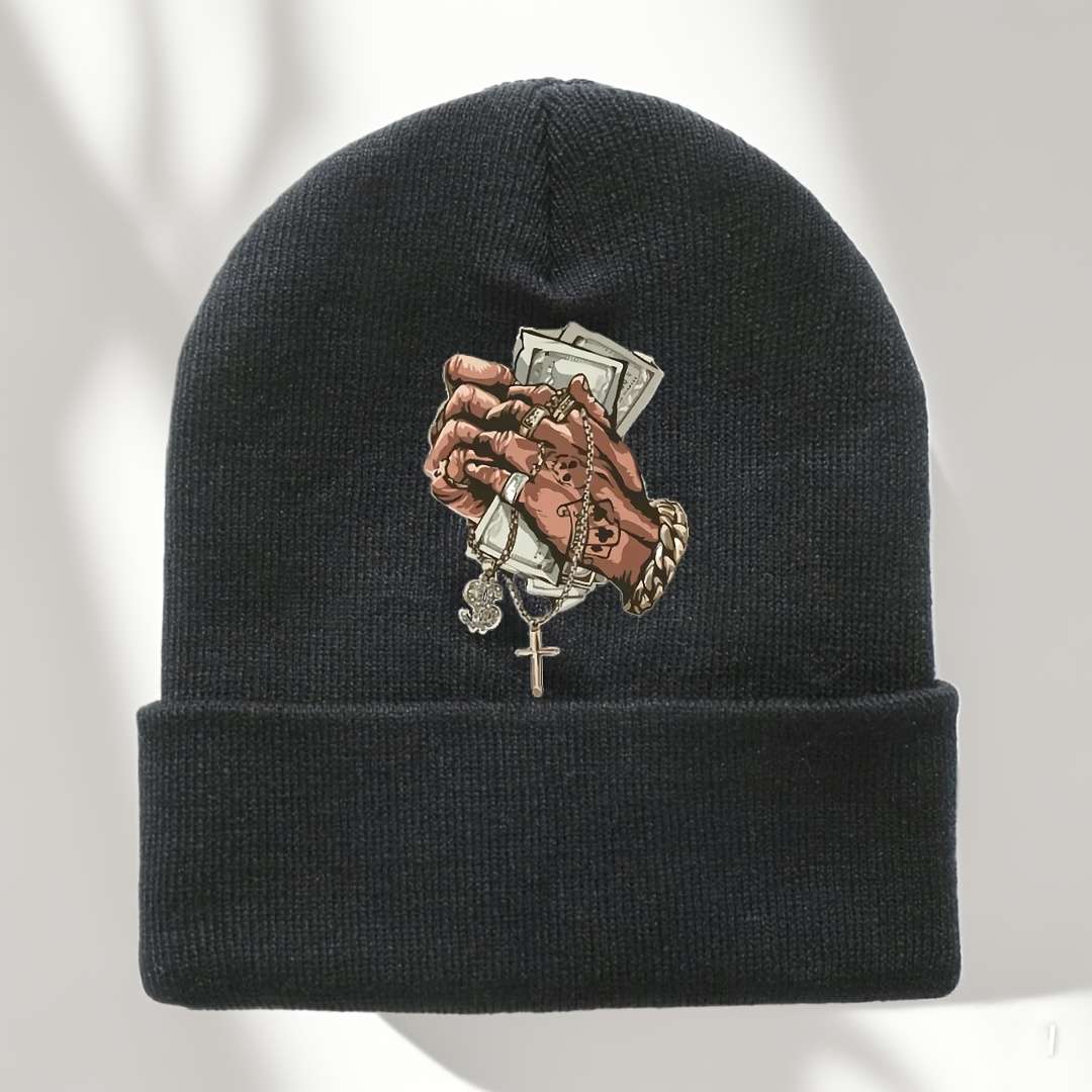 Men'S Hip Hop Style Black Knit Beanie With Cross Pattern Warm Stretchy Machine Washable