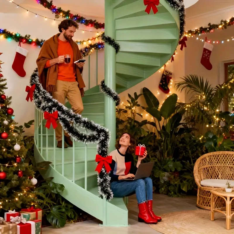 393.7 Inches - 2-Piece Set With Red Bow And Dark Green And White Snowflake Christmas Wreath Decorati