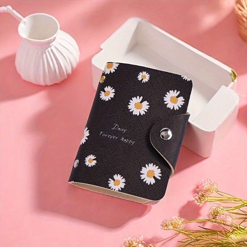 1pc 1 elegant and charming daisy mini card holder PU large capacity buckle closure multifuncti