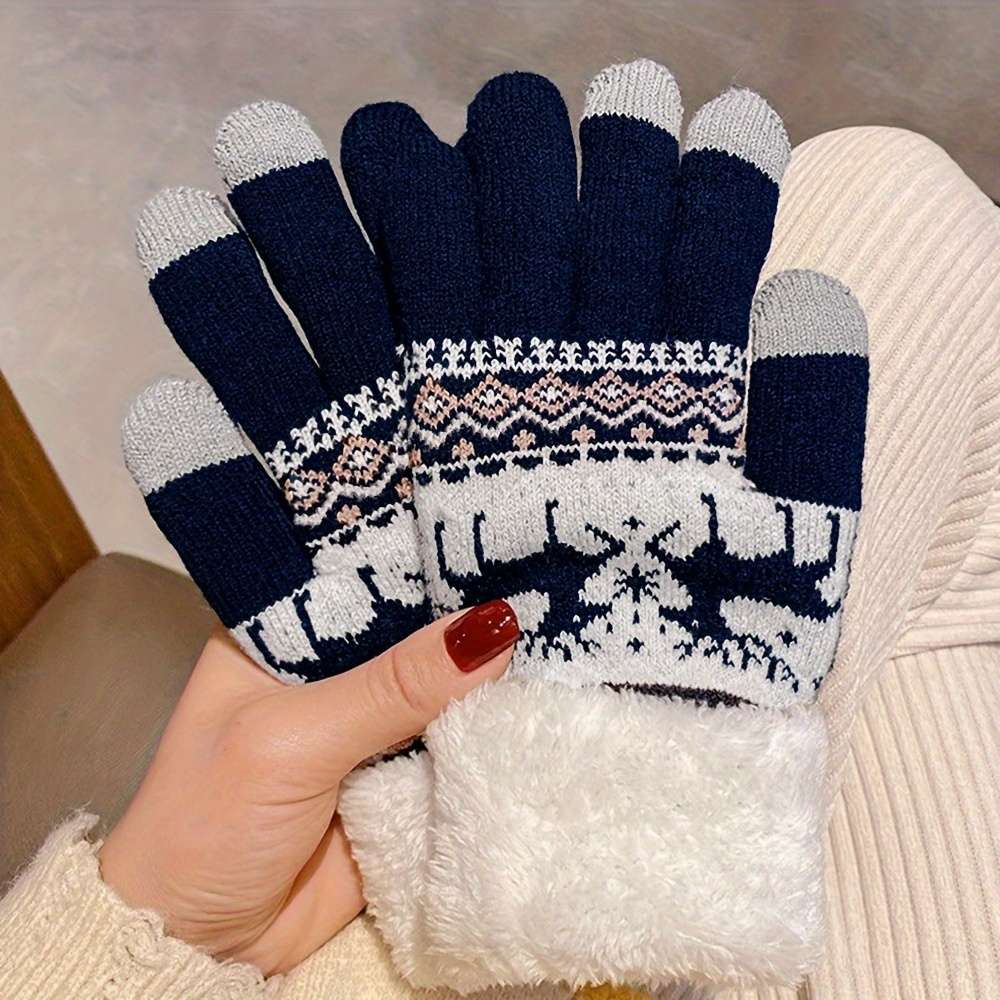 1 Pair Double Layer Plus Velvet Thickened Fawn Navy Blue Warm Gloves