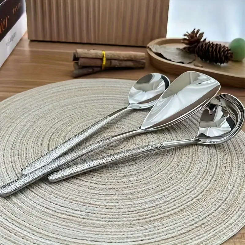 3 Piece Thickened Stainless Steel Serving Spoon Set - Hammered & Mountain Rock Pattern