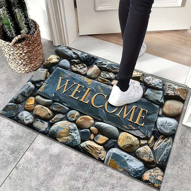 1pc Elegant Pebble Design Welcome Mat Stone Pattern Crystal Velvet Rectangular Rug Non-Slip Durable