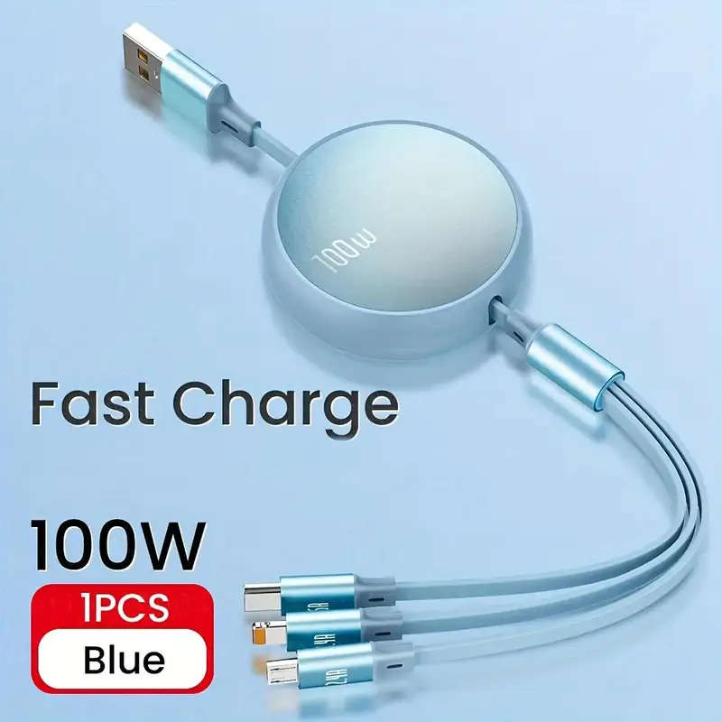 3 in 1 Retractable USB C 6A 100W USB Fast Charger