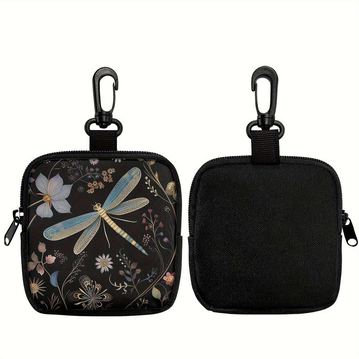 Multi-Pocket Zippered Wallet Coin Purse Chic Floral Dragonfly Print Hanging Purse With Key