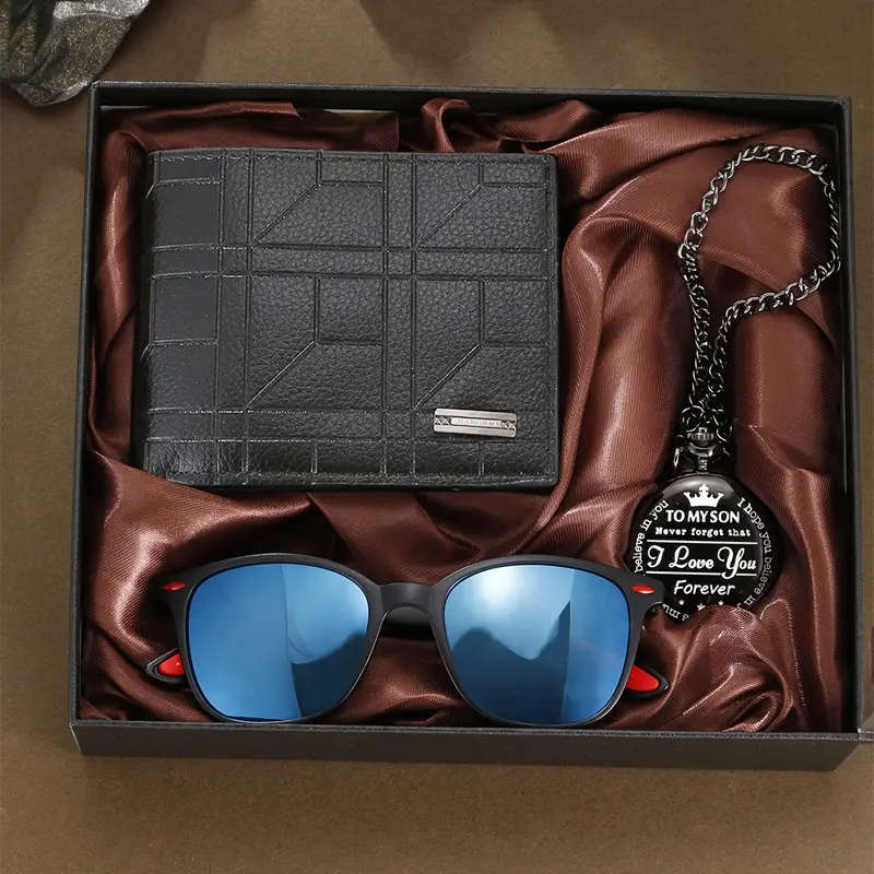 3pcs Vintage Elegance Gift Set Faux Leather Wallet Engraved Pocket Watch Glasses Ideal for Valentine
