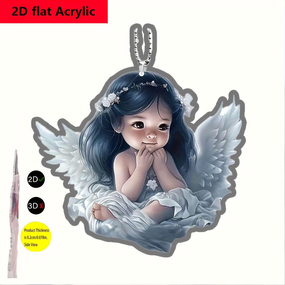 2D Flat Angel Wing Acrylic Pendant Floral Crown Serene Angel Design 0.3cm x 0