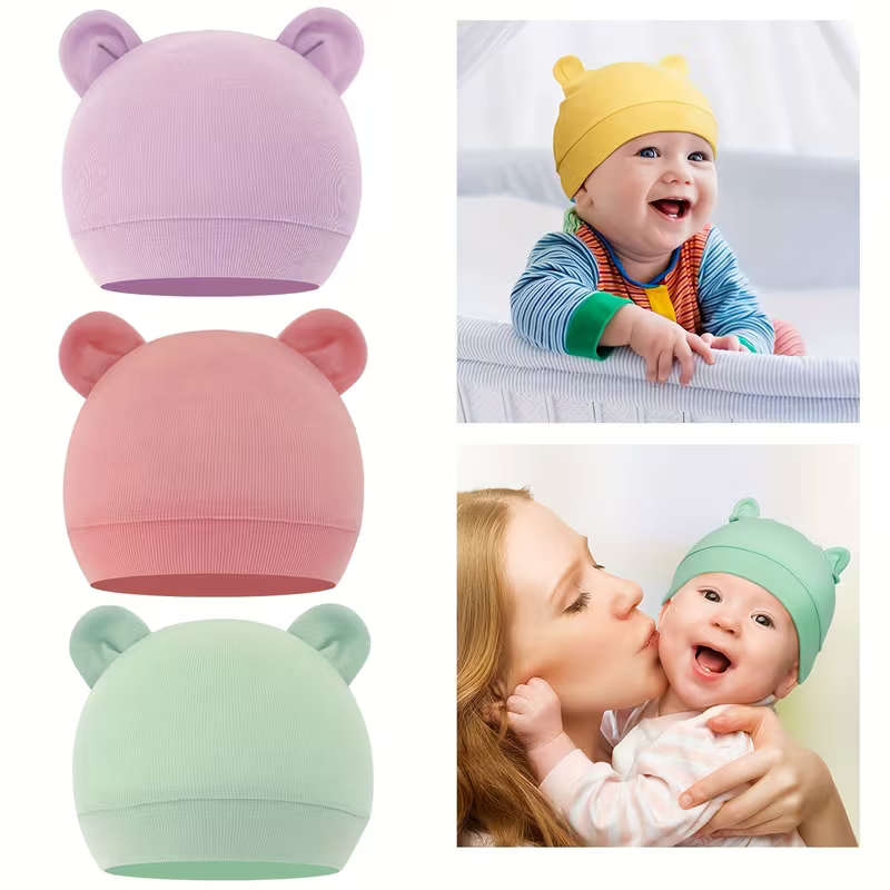 3pcs Baby Bear Ear Beanie Hats 0 To 6 Months