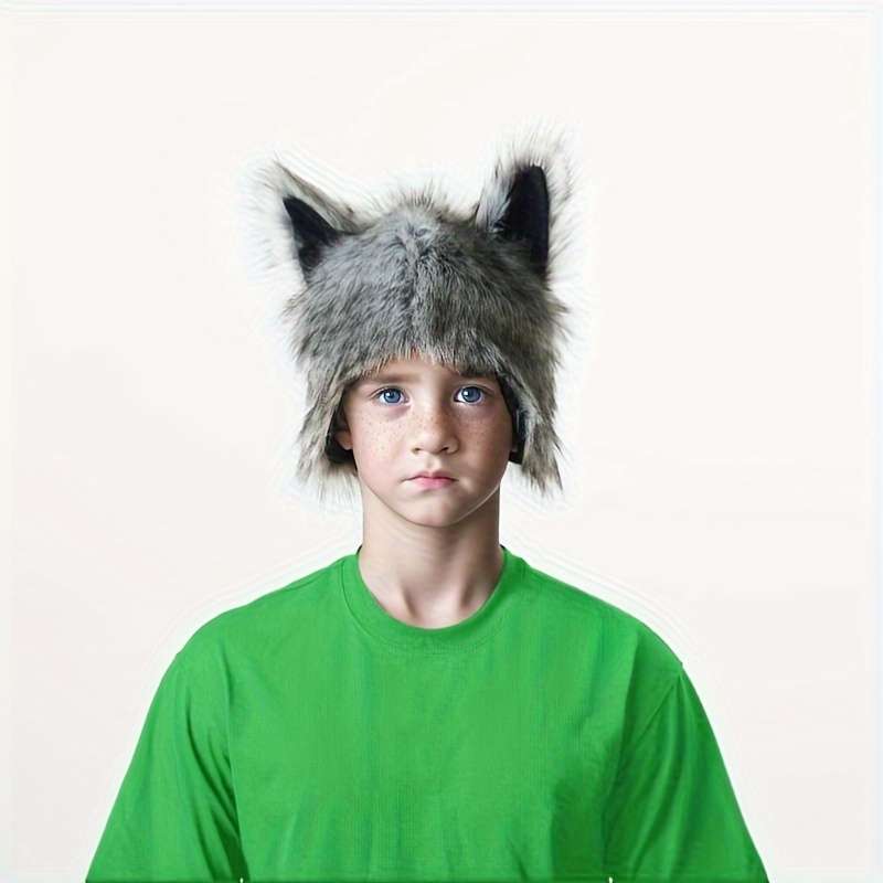 1pc Unisex Wolf Plush Street Style Hat Animal Themed Headwear For Halloween Christmas Party Costu