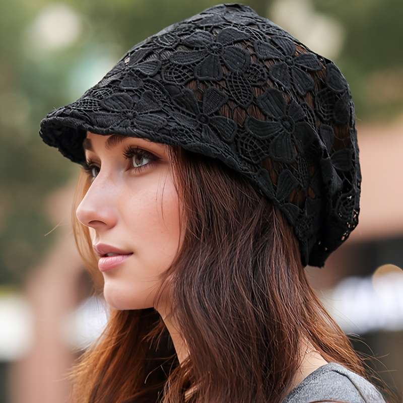Women's Lightweight Lace Beanie Soft Brimmed Hat with Intricate Floral Patterns Perfect for