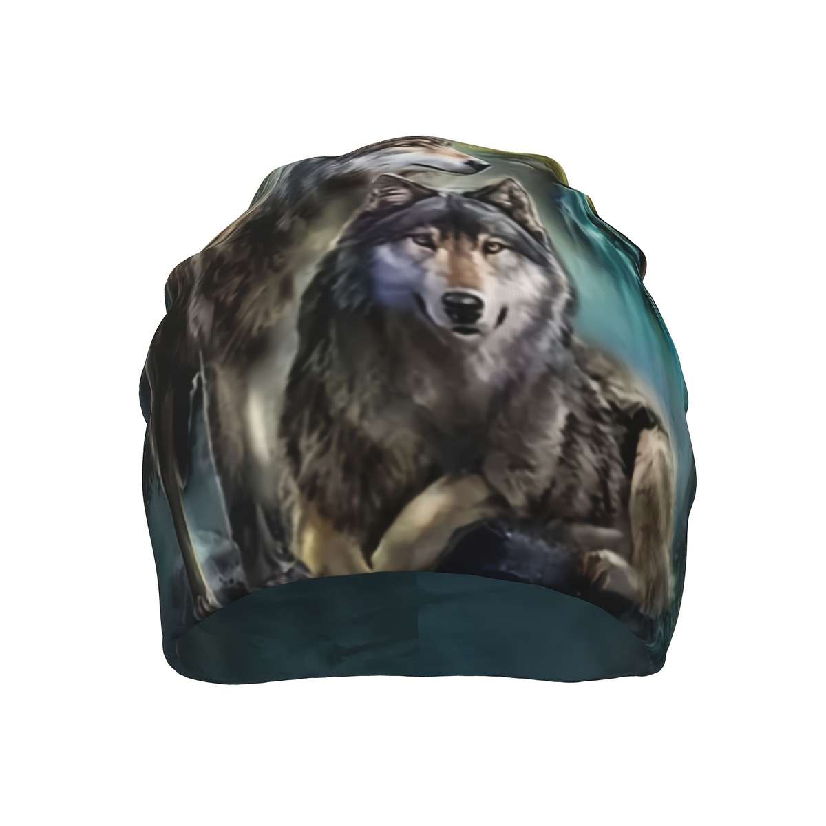 Wolf Print Brimless Skull Cap Polyester Spandex Blend Funky Style Soft Knit Fabric Wit