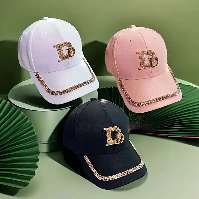 Stylish Black Baseball Cap With Golden Letter D Rhinestone Trim Adjustable Toggle