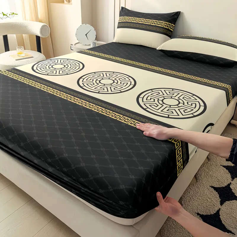 3-Piece Stylish Classic Dark Grey Gold Ring Fitted Sheet Set 200cm*220cm