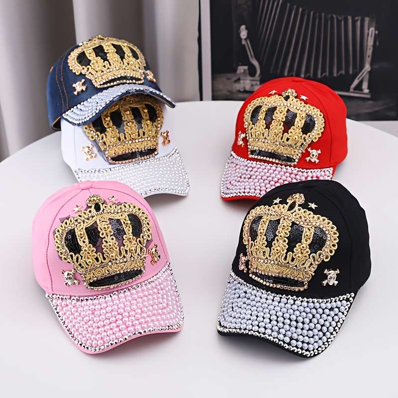 Baseball Cap Designer'S New Style With Crown Embellished With Diamonds And Pearls Denim