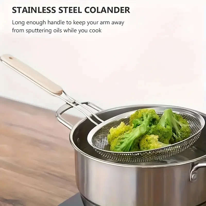 1pc Premium Stainless Steel Colander with Wooden Handle Fine Mesh Skimmer Spoon