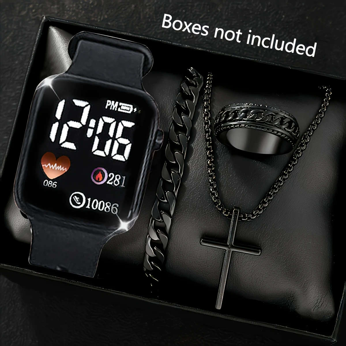 4pcs set Men'S Luxury Business Casual Watch Set Digital Square Plastic Case Silicone Strap