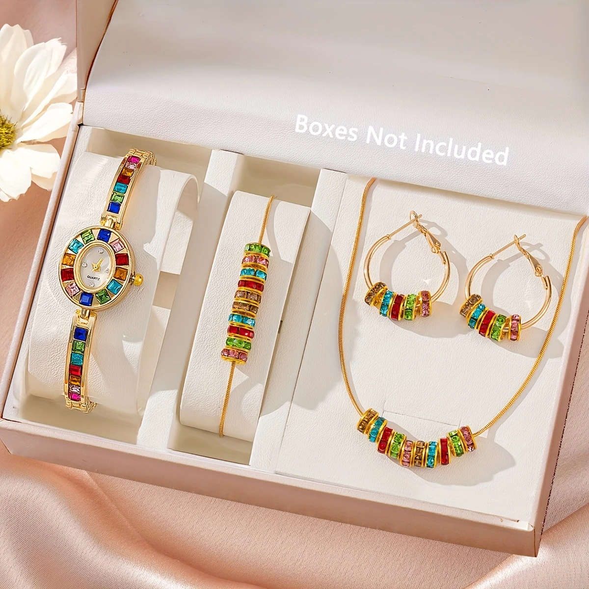 4pcs Set Women's Watch Rhinestone Necklace Earrings Bracelet Decoration Jewelry Set and Ladies' Uniq