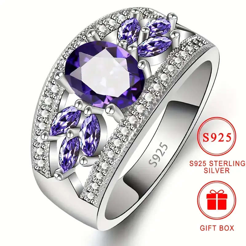 925 Pure Silver Ring, Set with Sparkling Purple Cubic Zirconia