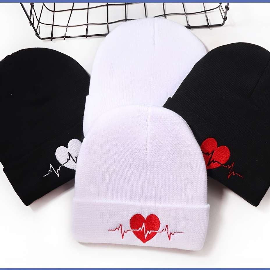 Heartbeat Embroidered Beanie Soft Acrylic Knit Winter Hat Elastic Lightweight Machine